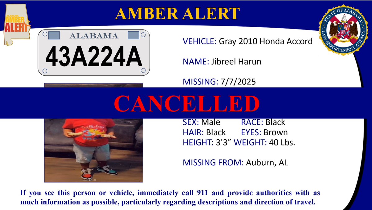 ALEA has cancelled a MISSING PERSON ALERT. Please Share.