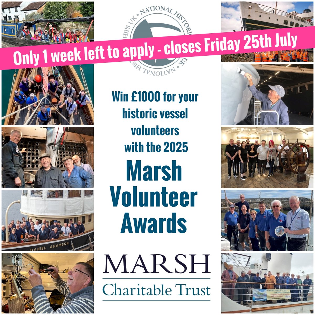 National Historic Ships UK (@nathistships) on Twitter photo Only 1 week left to nominate your historic vessel volunteers for the Marsh Volunteer Awards!
£1000 cash prizes, courtesy of the Marsh Charitable Trust. We're particularly seeking applications from groups, so if your team is award-worthy, apply now:
nationalhistoricships.org.uk/volunteer-award Only 1 week left to nominate your historic vessel volunteers for the Marsh Volunteer Awards!
£1000 cash prizes, courtesy of the Marsh Charitable Trust. We're particularly seeking applications from groups, so if your team is award-worthy, apply now:
nationalhistoricships.org.uk/volunteer-award