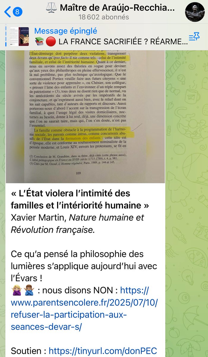 À partagez à tous les parents ! 
« On subit ou on agit ? »
Agissons tous ensemble ! 
Cette action doit être suivie pour mettre fin à la perversion qui s’abat sur nos enfants !
Merci à Me de Araújo-Recchia et aux Parents en Colère ! 

t.me/vdar_avocat/23…