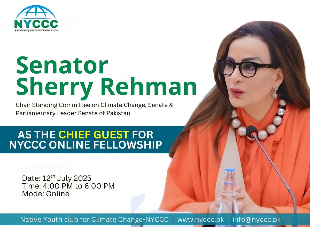 NYCCC Pakistan (@nyccc_pk) on Twitter photo We are thrilled to announce that Senator Sherry Rehman <a href="/sherryrehman/">SenatorSherryRehman</a> (Chair Standing Committee on Climate Change, Sanate & Parlimentary Leader Sanate Of Pakistan ) will be joining us as the #Chief_Guest Speaker at the official launch of our #Green_Skills & Green Jobs Fellowship! We are thrilled to announce that Senator Sherry Rehman <a href="/sherryrehman/">SenatorSherryRehman</a> (Chair Standing Committee on Climate Change, Sanate & Parlimentary Leader Sanate Of Pakistan ) will be joining us as the #Chief_Guest Speaker at the official launch of our #Green_Skills & Green Jobs Fellowship!