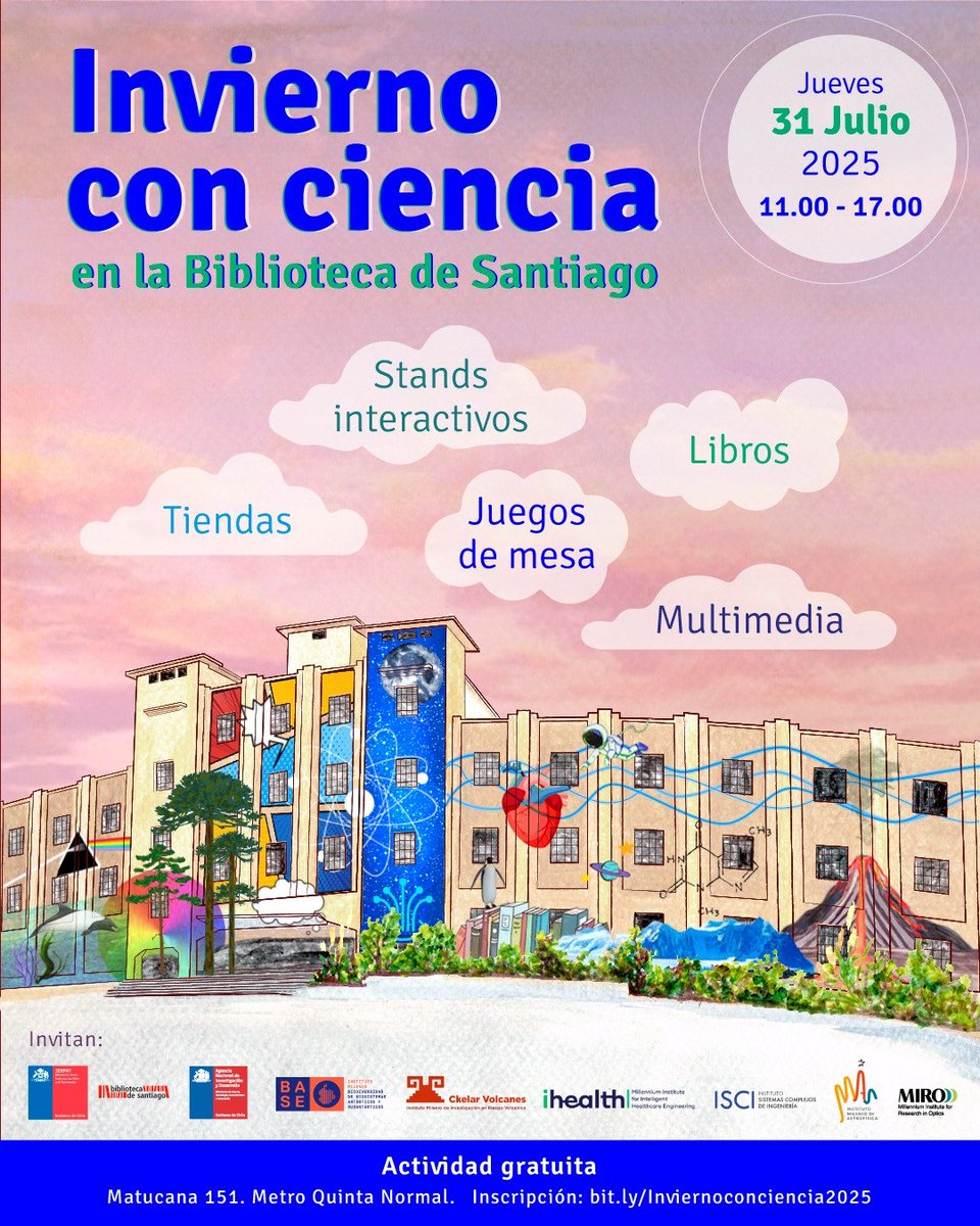 Lithium_rucn's tweet image. ❄️🔬 ¡El Anillo Talackutur llega a Invierno con Ciencia 2025!
📌 Más de 40 instituciones se darán cita con ciencia en acción, incluyendo libros, audiovisuales, juegos de mesa y charlas.
🗓️ 31 de julio de 2025
📍 Biblioteca de Santiago, Av. Matucana 151
🕚 De 11:00 a 17:30 hrs.