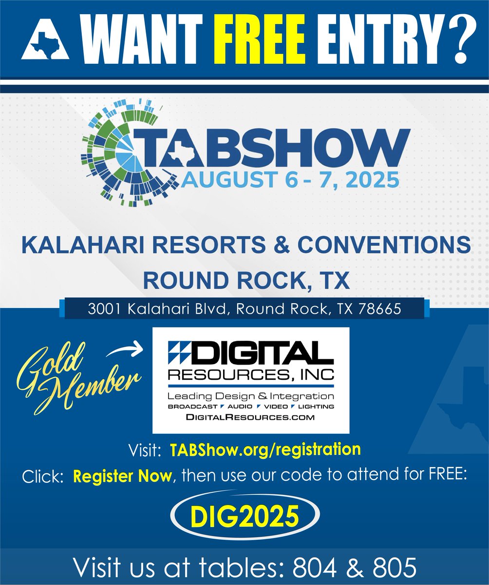 👉Exciting news! Join us at the <a href="/txbroadcasters/">TAB</a> show next month!

Want FREE entry? Visit this link &amp; use our code: DIG2025
tabshow.org/registration

We’ll see you in Round Rock, Texas
#DigitalResourcesinc #digiknowdri #joinus #networking #vendors #roundrocktx #tabshow2025 #tab2025