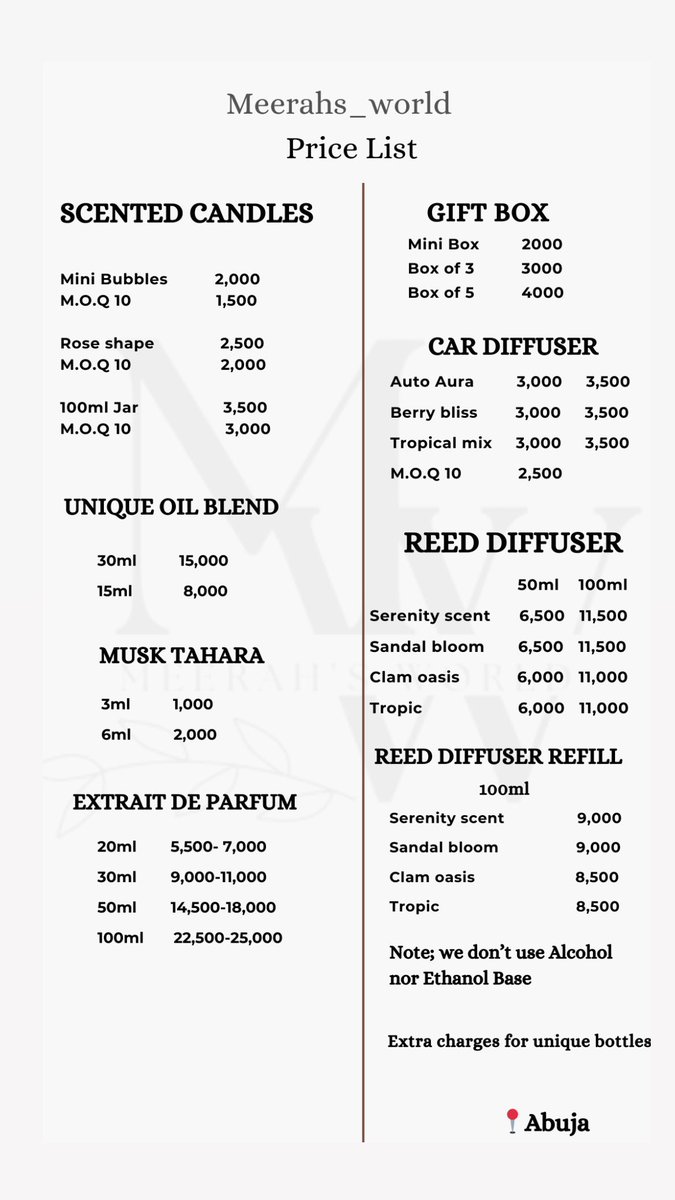 miss_wunti's tweet image. Price list ✨
(50ml; 17,000-20,000)
Souvenirs and Gift packages ✨
Pick-up and delivery policies ✨
📍Abuja
Delivery nation wide!