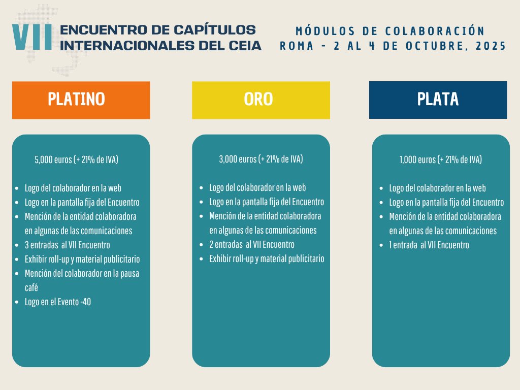 #VIIEncuentroCEIA | Te invitamos a formar parte como patrocinador del VII Encuentro de Capítulos Internacionales del CEIA, que se celebrará en Roma del 2 al 4 de octubre de 2025.