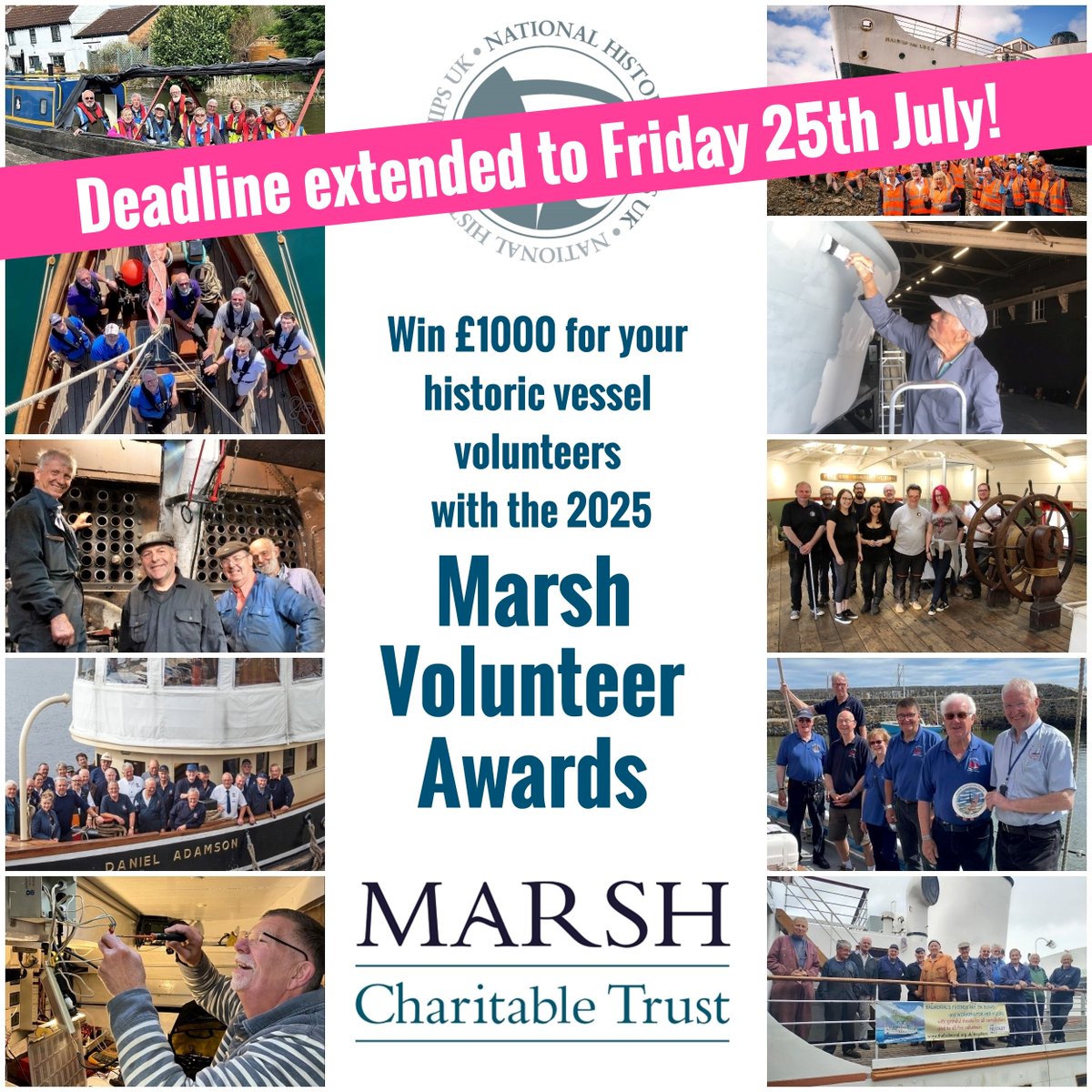 National Historic Ships UK (@nathistships) on Twitter photo * DEADLINE EXTENDED TO 25th JULY *
Nominate your historic vessel volunteers for the Marsh Volunteer Awards - they could win a £1000 cash prize!  
We're particularly seeking applications from volunteer Groups, so if your team is award-worthy, apply now: nationalhistoricships.org.uk/volunteer-award * DEADLINE EXTENDED TO 25th JULY *
Nominate your historic vessel volunteers for the Marsh Volunteer Awards - they could win a £1000 cash prize!  
We're particularly seeking applications from volunteer Groups, so if your team is award-worthy, apply now: nationalhistoricships.org.uk/volunteer-award