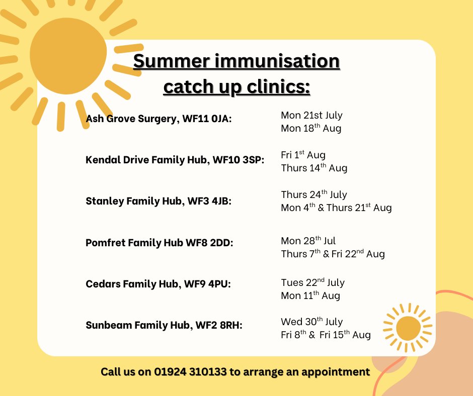 Has your child missed their school vaccinations? These include: HPV, DTP/Meningitis ACWY MMR vaccinations.   

We are offering vaccination clinics during the summer holidays.  To arrange an appointment, please contact us on 01924 310133.