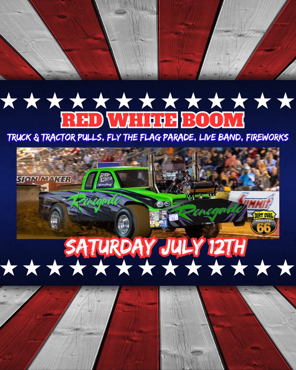 📅 Event Schedule

SATURDAY JULY 12TH

🅿️ Parking &amp; gates open: 4:00 PM
🚗 Parade leaves for VFW for DO66 @ 6:15PM
🎉 Pre-Race Party &amp; Live Band: 4:00PM–8:00PM
🚜 Pulling Action Begins: 7:00 PM
🎇Fireworks 

🎟️ Ticket Info
• VIP All Access (trackside!): $40
• Adult GA: $25
•