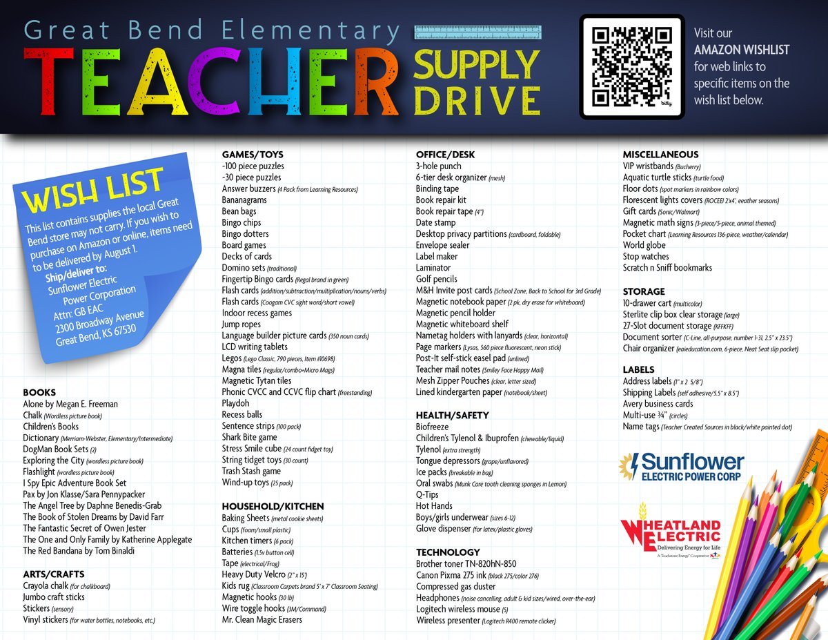 Sunflower Electric Power Corporation (@sunflowerelec) on Twitter photo 🙌THANK YOU, Great Bend & everyone who donated to the Teacher Supply Drive hosted by Sunflower & <a href="/WheatlandElect1/">Wheatland Electric Cooperative, Inc.</a>. Missed the drop-off but still want to help? Shop our Amazon Wishlist! With Prime Day deals happening now, it’s a great time to give & save. a.co/gnV8aCF 🙌THANK YOU, Great Bend & everyone who donated to the Teacher Supply Drive hosted by Sunflower & <a href="/WheatlandElect1/">Wheatland Electric Cooperative, Inc.</a>. Missed the drop-off but still want to help? Shop our Amazon Wishlist! With Prime Day deals happening now, it’s a great time to give & save. a.co/gnV8aCF