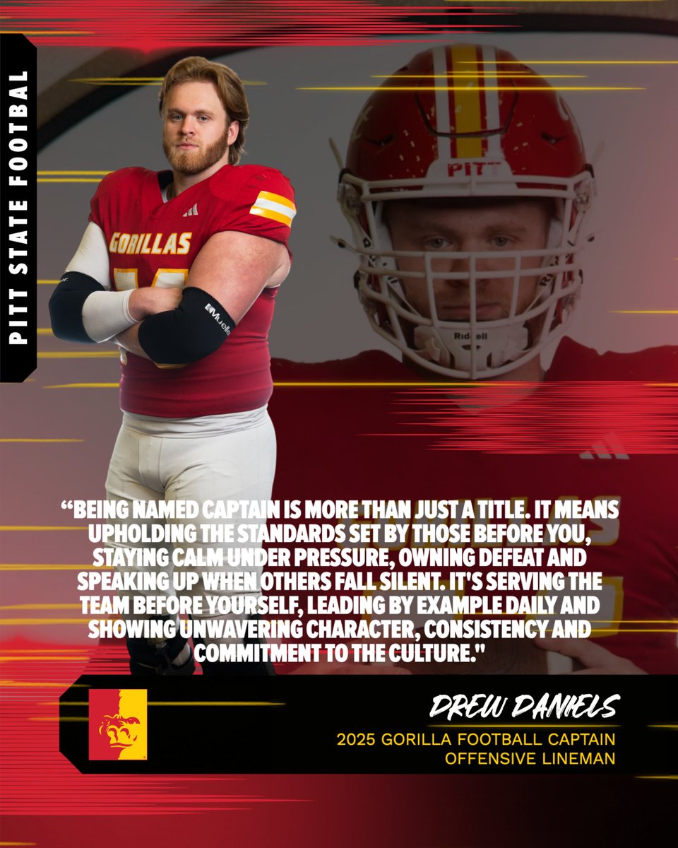 Next up in our "Meet the Captains" series is offensive lineman Drew Daniels.

Drew is a senior from Andover, Kansas 🦍🏈 

Mark your calendars now and make plans to come watch Daniels and the Gorillas this fall ---&gt;pittstategorillas.com/sports/footbal…