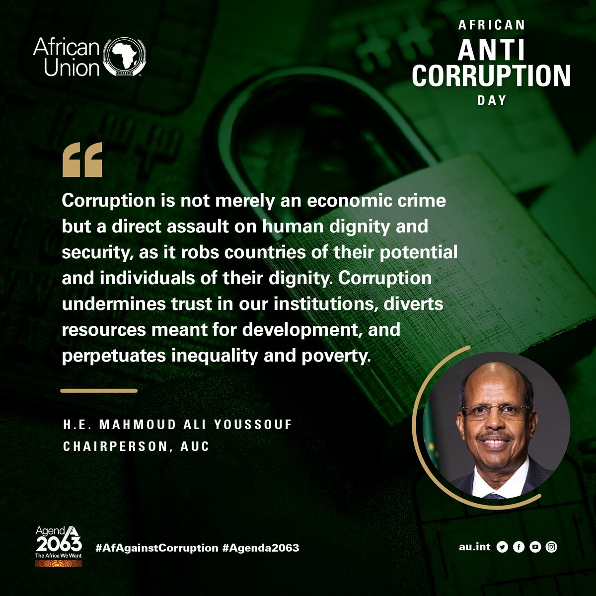 African Union (@_africanunion) on Twitter photo AUC Chairperson urges focus on Human Dignity in Anti-Corruption Fight on Africa Anti-Corruption Day 2025.
On the occasion of the 2025 African Anti-Corruption Day, H.E. Mahmoud Ali Youssouf <a href="/ymahmoudali/">Mahmoud Ali youssouf</a> , Chairperson of the African Union Commission, urges all African Union Member AUC Chairperson urges focus on Human Dignity in Anti-Corruption Fight on Africa Anti-Corruption Day 2025.
On the occasion of the 2025 African Anti-Corruption Day, H.E. Mahmoud Ali Youssouf <a href="/ymahmoudali/">Mahmoud Ali youssouf</a> , Chairperson of the African Union Commission, urges all African Union Member