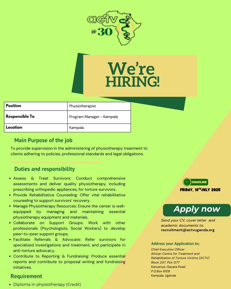 actvuganda's tweet image. 📣 Job Alert!
We're hiring a Physiotherapist to join our team in Kampala! If you are passionate about supporting torture survivors, apply by July 19, 2025.
Send your CV, cover letter & the academic documents to recruitment@actvuganda.org.