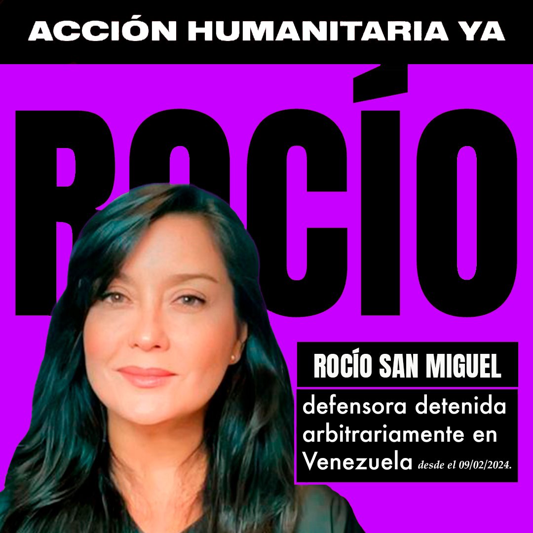 Una defensora venezolana está injustamente presa.

Su nombre es Rocío San Miguel, profesora, madre y ciudadana española-venezolana.

Tiene 518 días encarcelada en El Helicoide, Venezuela, sin respeto al debido proceso. #DefendemosVenezuela 

Acusada por el Ministerio Público sin