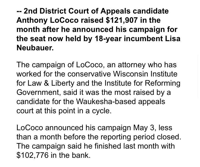 Brooks (@ebrooksuncut) on Twitter photo Huge fundraising haul for <a href="/LoCocoforJudge/">Anthony LoCoco</a> in the first months of his campaign to retire radical liberal Lisa Neubauer.
For context, the conservative who ran against Neubauer in 2020 raised $106k the entire campaign.
Lazar raised $175k in ‘22
Grogan raised $381k in ‘21 Huge fundraising haul for <a href="/LoCocoforJudge/">Anthony LoCoco</a> in the first months of his campaign to retire radical liberal Lisa Neubauer.
For context, the conservative who ran against Neubauer in 2020 raised $106k the entire campaign.
Lazar raised $175k in ‘22
Grogan raised $381k in ‘21