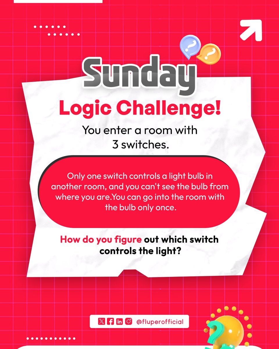 FluperOfficial's tweet image. Can you crack the code or will the bulb stay dark? 💡🧠
Think before you switch—your answer says a lot about your logic game! 😏

#Fluper #SundayChallenge #MindPuzzle #LogicMaster #GlowifyMedia #BrainTeaser #SwitchItRight