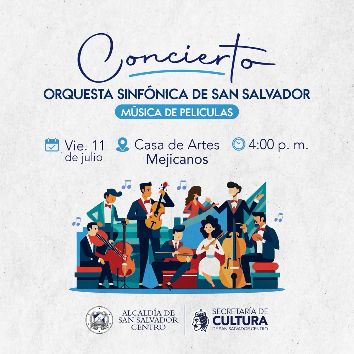 🎬✨ Una tarde de película con la Orquesta Sinfónica de San Salvador ✨🎬
Ahora a partir de  las 4:00 p.m. viví una experiencia mágica en la Casa de la Cultura y Convivencia de Mejicanos, con un concierto especial lleno de grandes melodías del cine. 🎻🎶

🎟️ Entrada libre