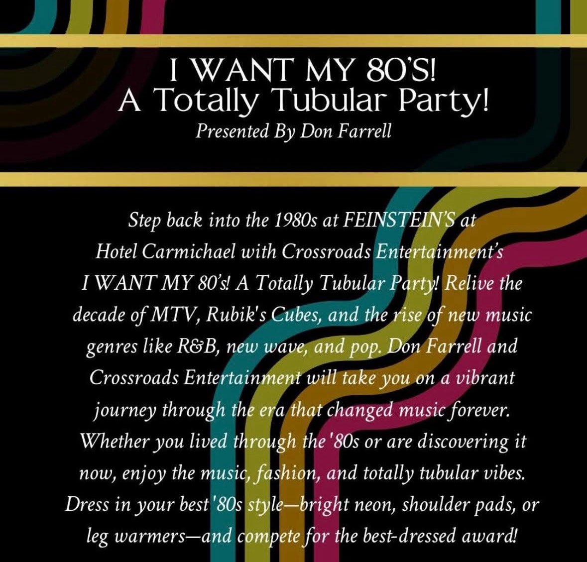 donfarrell2017's tweet photo. COUNTDOWN! 6 Days . . . Party with us with I WANT MY 80’S-A TOTALLY TUBULAR PARTY Thursday July 17th at Feinstein's at Hotel Carmichael as we take you on a journey through the neon-lit decade that changed music forever.  TICKETS: 317-688-1947 or visit https://t.co/tLvQ1huZ9m https://t.co/C5O8L8iDiS