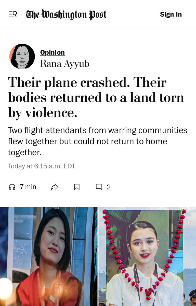 Rana Ayyub (@ranaayyub) on Twitter photo My latest for the Washington Post from Manipur. Two flight attendants who were killed in the crash and their journey back home to a divided land. Please do read this piece about a conflict we should speak about, more loudly <a href="/PostOpinions/">Washington Post Opinions</a>
washingtonpost.com/opinions/2025/… My latest for the Washington Post from Manipur. Two flight attendants who were killed in the crash and their journey back home to a divided land. Please do read this piece about a conflict we should speak about, more loudly <a href="/PostOpinions/">Washington Post Opinions</a>
washingtonpost.com/opinions/2025/…