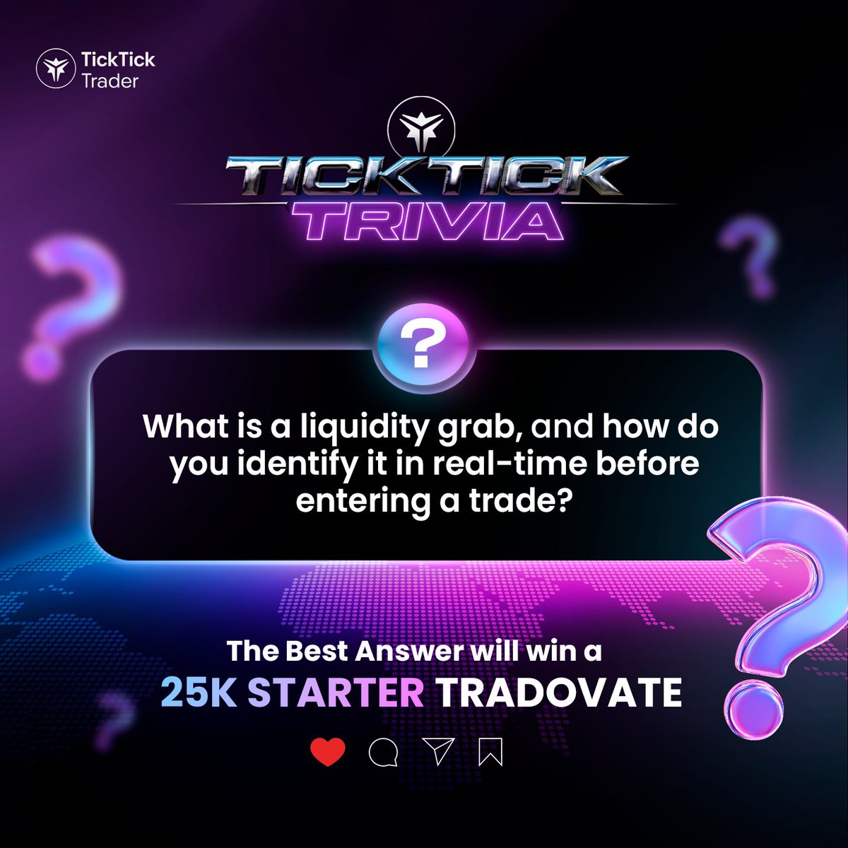 What’s a liquidity grab — and how do you identify it in real-time before entering a trade?

💥 Best answer wins a 25K Starter Tradovate account.

Let’s hear your take 👇

#TickTickTrivia  #TickTickTrader