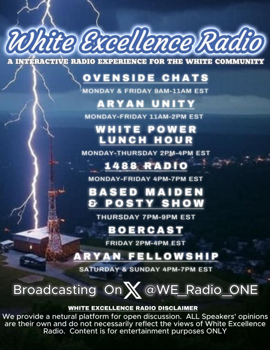 WE_Radio_ONE's tweet image. Get ready to crank up the volume, folks! Welcome to White Excellence Radio, where we’re pumping out a high-octane lineup of daily shows that’ll blow your speakers!
Hit that notification button and lock in LIVE as we ignite the airwaves with the hottest, boldest pro-White…