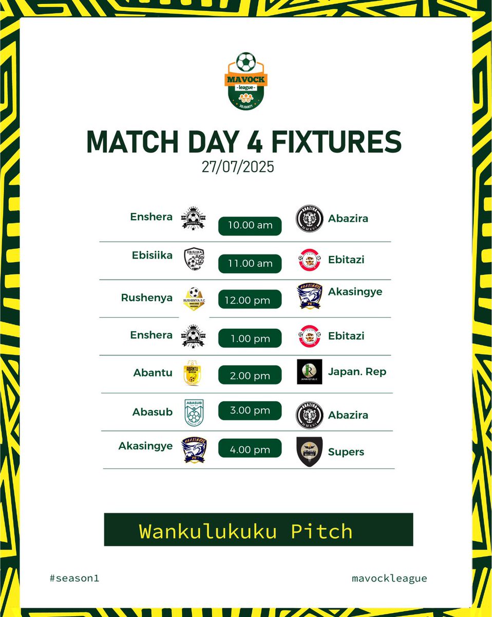 MavockN33702's tweet image. Will @AkasingyeFC come back on top of the table???
How about @AbaziraFc ? Will they keep the vibe???
Can @japan Republic keep the title hopes alive????
Match day four fixtures are out