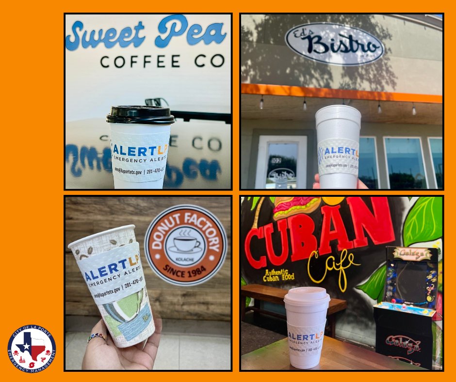 #PrepareLP | 🚨Attention La Porte Business Owners!🚨

Our office is looking to partner with local businesses to help spread the word about AlertLP, the City’s emergency notification system, using branded coffee sleeves!

☕ No cost to your business
☕ We provide and deliver the