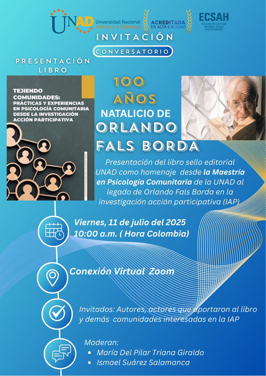 Fecha: 11 julio 2025
Hora: 10:00 a. m.  Colombia
Ingrese al Sistema de Webconferencia Educativa y Organizacional
 conferencias.unad.edu.co
ID de reunión: 960 3087 3758
Unirse a webconferencia mediante enlace directo: 
 unad-edu-co.zoom.us/j/96030873758