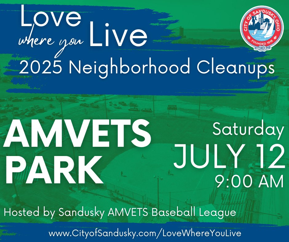 cityofsandusky's tweet image. Tomorrow we’ll be cleaning up AMVETS Park, historic Cholera Cemetery, and surrounding neighborhood.
⚾ Meet behind the main AMVETS ball field at 9:00 AM.
Hosted by Sandusky Amvets Baseball League. Bring a friend—supplies provided!