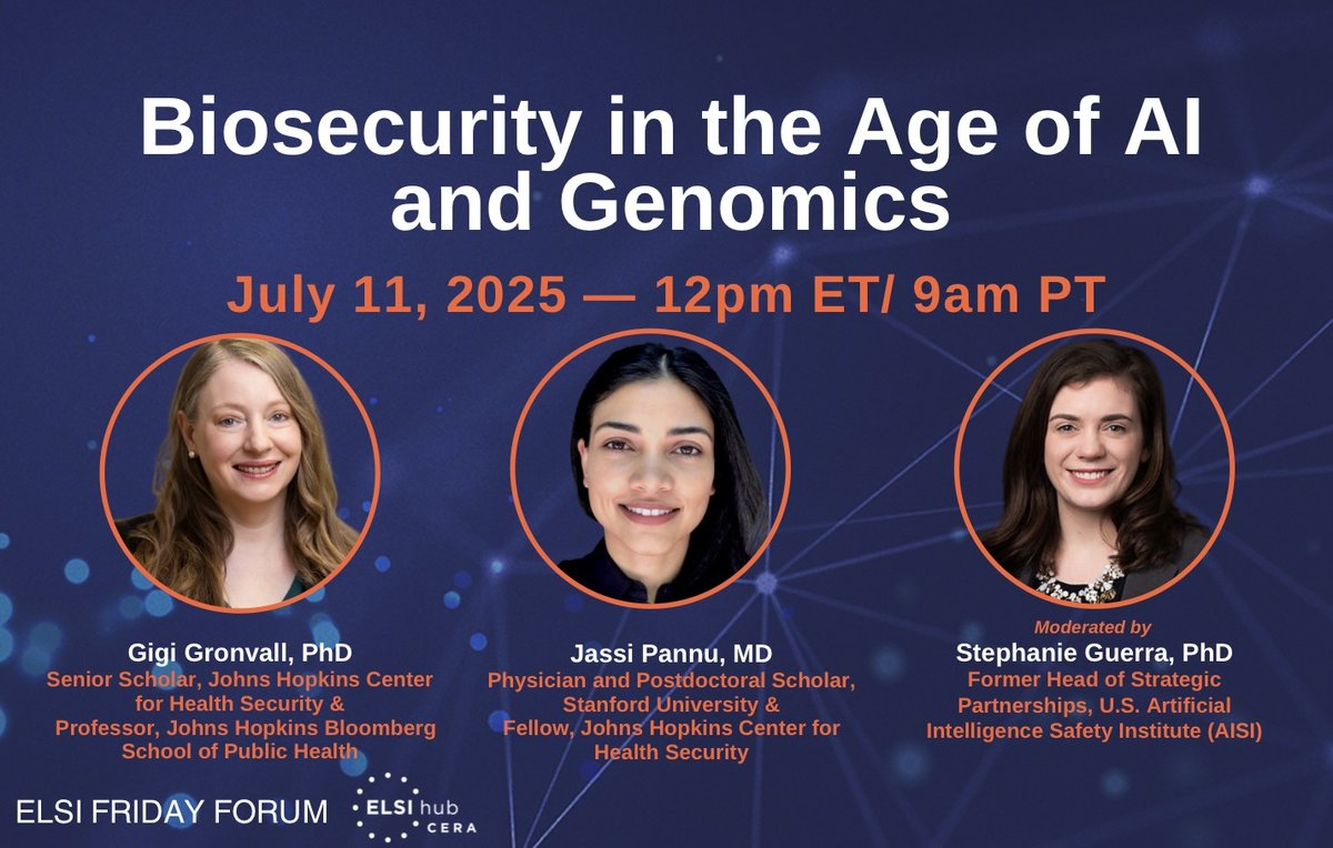 ELSIhub's tweet image. Today!
Join us at 12pm ET
ELSI Friday Forum with @ggronvall @JassiPannuMD and Prof. Stephanie Guerra
Biosecurity in the Age of AI & Genomics
Explore dual-use risks & governance as AI reshapes biotech.
🔗 Register: us06web.zoom.us/meeting/regist…