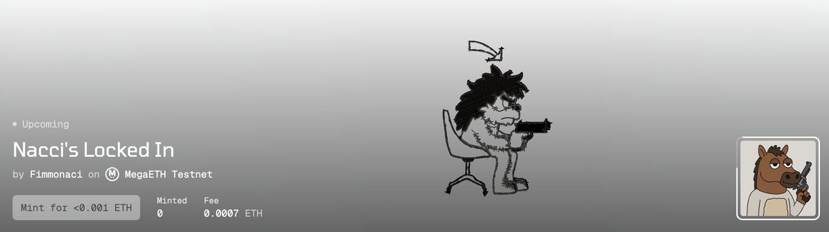 fimmonaci's tweet image. Nacci's Locked In   
MegaETH @megaeth  TestNet 

• Details: 0.00033 ETH, 333 Supply 
• Mint Date &amp;amp; Time: 14:00 UTC, 11 July 2025 
• Launchpad: RaribleFun 
• Utility:   

If you're minting just for the utility, don't mint. Nacci needs sincerity.