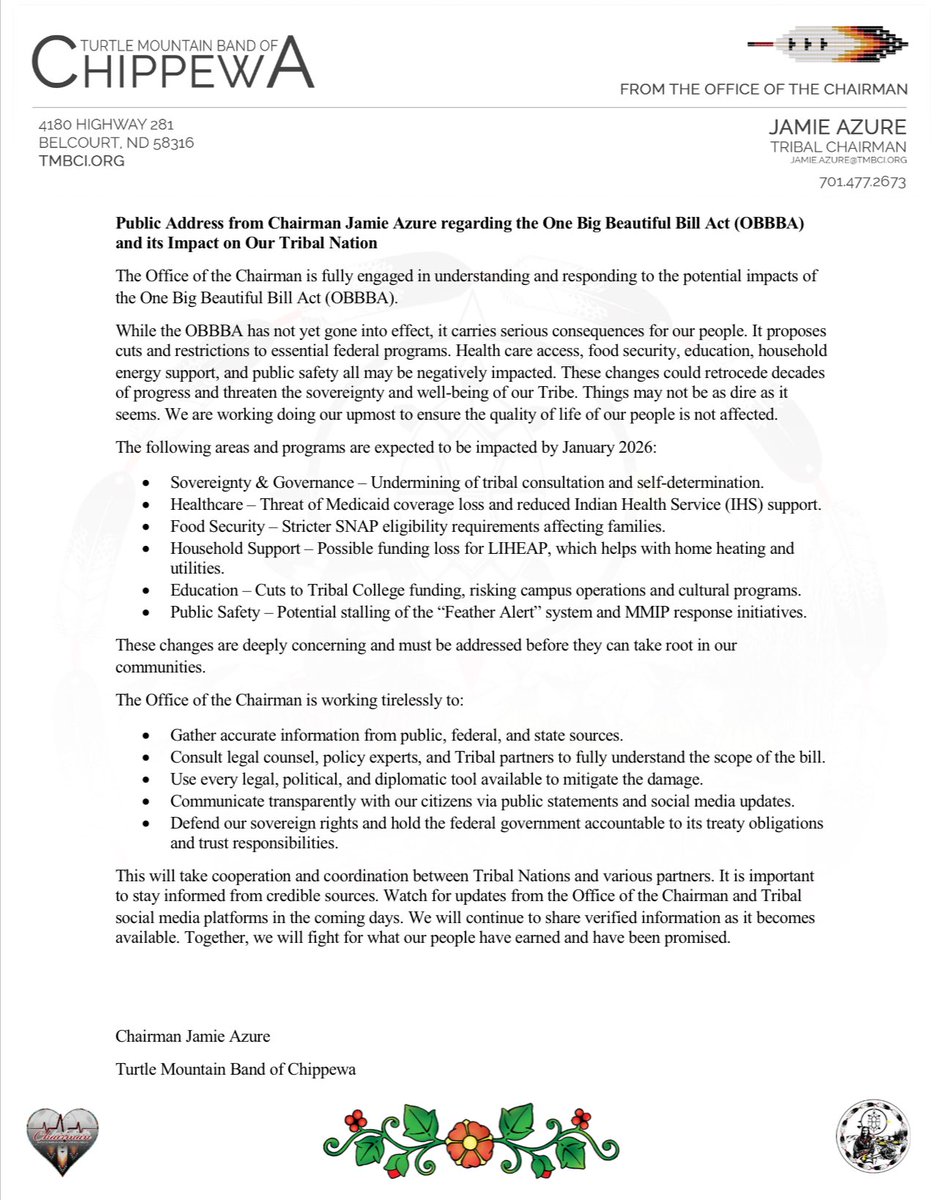 Addressing the potential impact of the One Big Beautiful Bill Act (OBBBA) on our Tribal Nation. Key concerns include threats to sovereignty, healthcare, food security, education, and public safety. We're taking action to protect our community. Stay informed! #TribalSovereignty