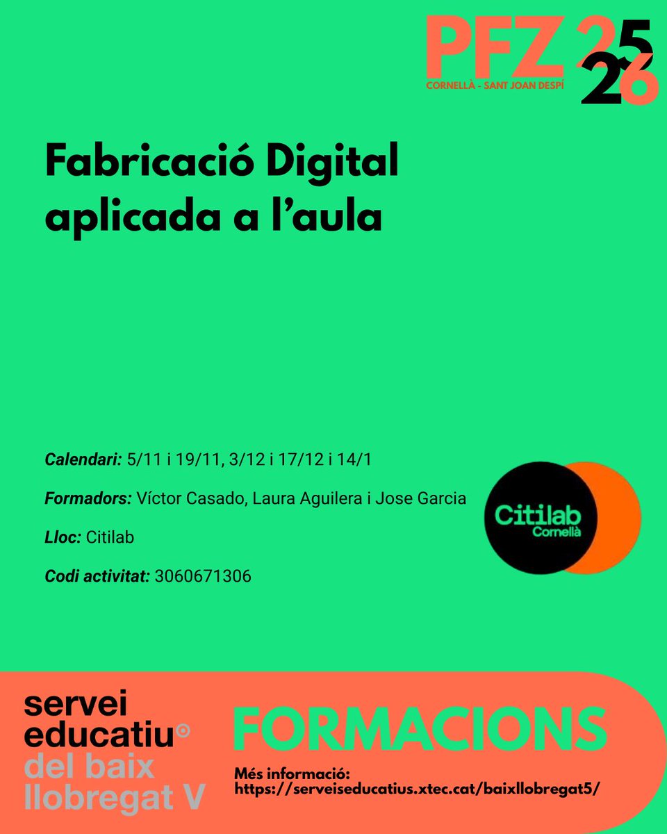 📣 Seguim descobrint el #PFZ 2025-26!
Avui: activitats formatives emmarcades en els àmbits prioritaris d’<a href="/educaciocat/">Educació</a> 
🔹 Matemàtiques
🔹 Ciències
🔹 Digital
🔹 Llengües
🔹 Anglès
🔹 Ciutadania i pensament crític

🗓 Inscripcions: 5–21 setembre a la web del SE