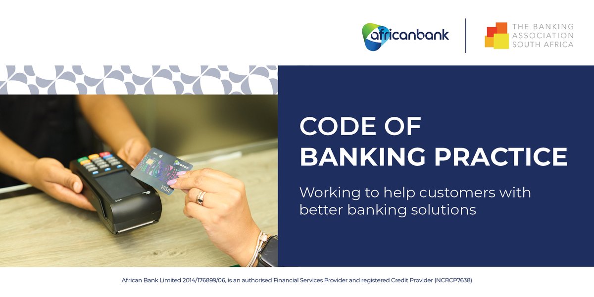 AfricanBank's tweet image. Working to help bank customers.

The #CodeOfBankingPractice also highlights customer responsibilities:

●Be honest when applying for account
●Report fraud or suspicious activity as soon as possible
●Spend within your means

Learn more: banking.org.za
Tips to protect…