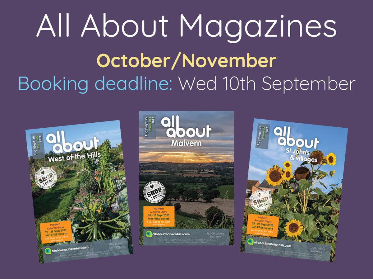 We are now working on the Oct/Nov 2025 edition of All About Magazines.  Does your business want to reach new customers in the Malvern Hills and Worcester area? Contact us on 01684 252242 or email sascha@allabout-local.com to find more.  allaboutmalvernhills.com