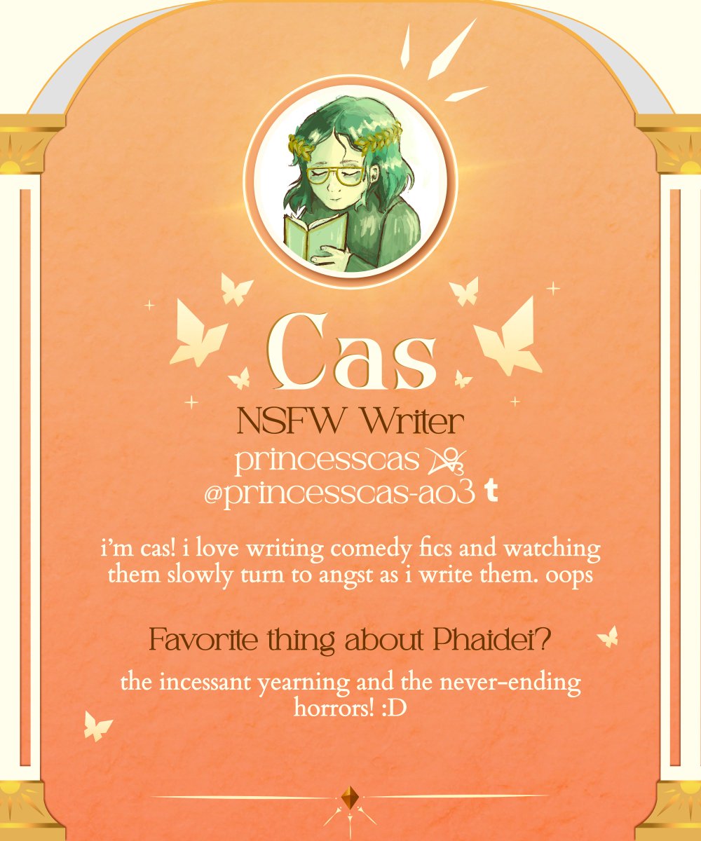 phaideizine's tweet image. 🌟 Writer Introduction ⊹₊ Cas 🌟
Let's give it up for our next writer, Cas (princesscas on AO3)! If anything, her writing habits are in true Amphoreus fashion — angst keeps creeping back in 😔
