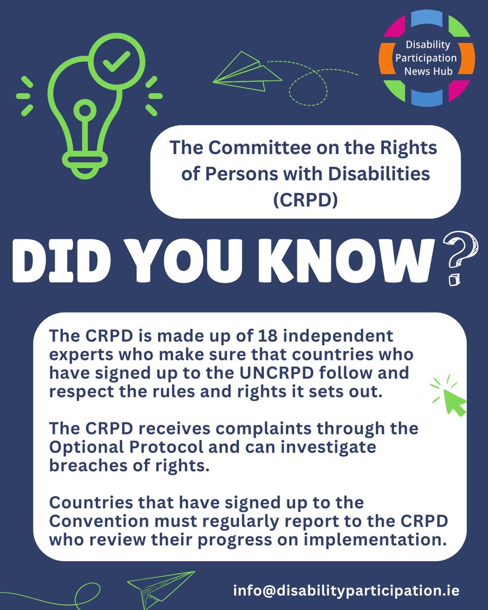 📚 Did You Know? - CRPD Edition!

This week, let's take a closer look at the Committee on the Rights of Persons with Disabilities (CRPD).

Learn more about our work here 👉
mailchi.mp/3ce7ca8f3fc3/d…

#UNCRPD #DisabilityAdvocacy #Participation