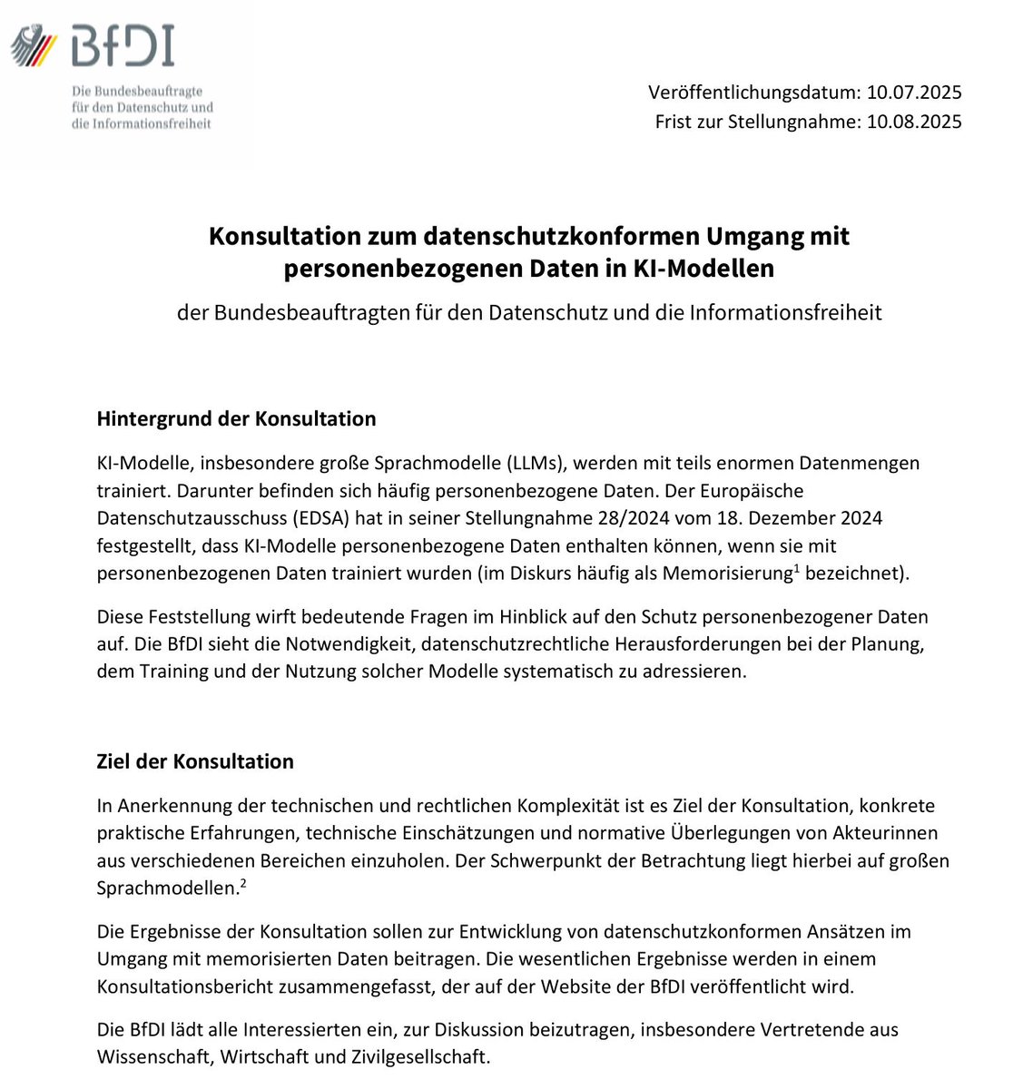 Problem #Memorisierung von #KI: Ein gängiges Problem für #Datensicherheit und Datenschutz bei KI-Anwendungen ist die Memorisierung, indem für das Training genutzte Daten später wieder im KI-Output auftauchen.
Hierzu führt die #BfDI eine Konsultation durch:
bfdi.bund.de/DE/BfDI/Konsul…