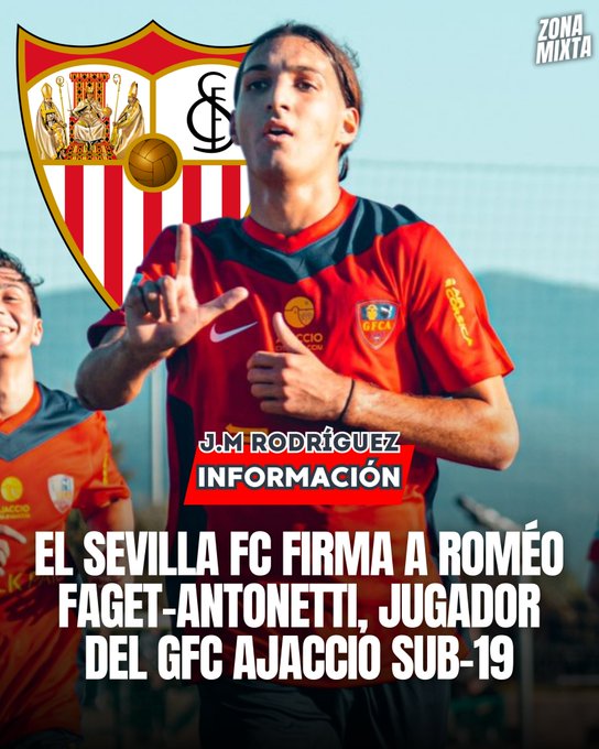 Avanza <a href="/jmrodriguezper/">José Manuel Rodríguez</a> y <a href="/ZonaMixta__/">Zona Mixta</a> que el <a href="/CanteraSFC/">Sevilla Atlético y Cantera Sevilla FC</a> tiene nuevo delantero. Se trata de Romeo Faget, que procede de la cantera del <a href="/ACAjaccio/">AC Ajaccio</a>