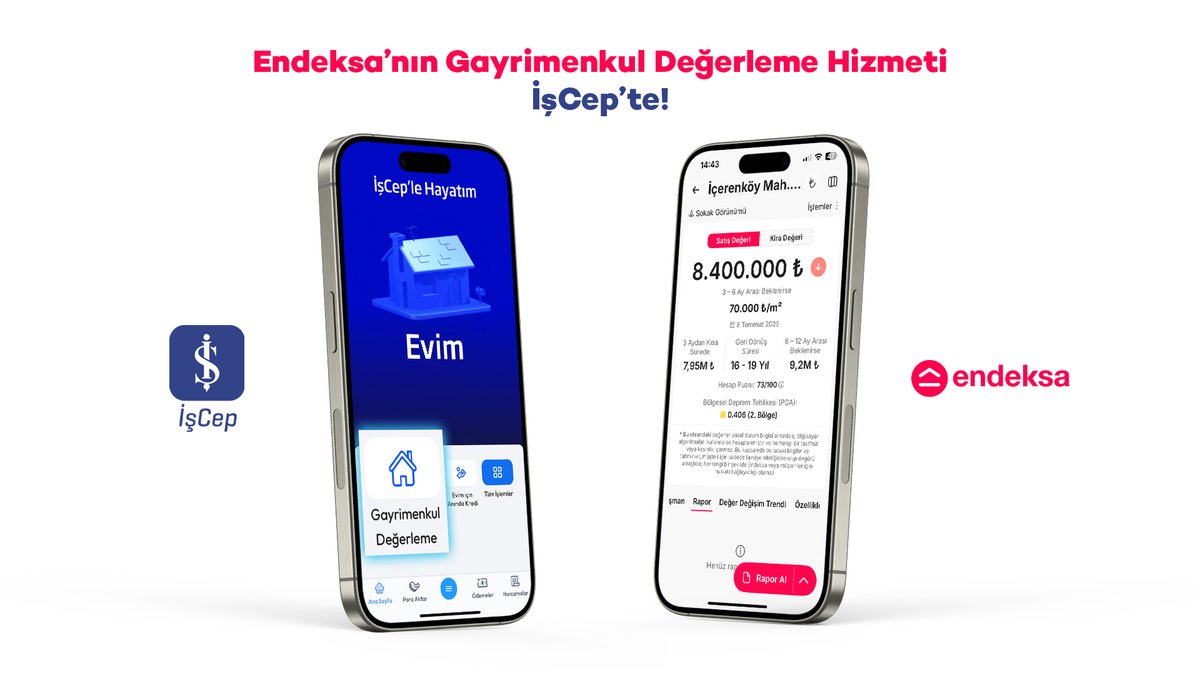 🏡 Endeksa’nın yapay zeka destekli gayrimenkul değerleme hizmeti artık İşCep’te!

📲 İş Bankası’nın mobil uygulaması İşCep’ten;
• Konut, arsa ve tarlanızın piyasa değerine,
• Kira getirisi ve yatırım potansiyeline,
• Bölgenizdeki uzman emlak danışmanlarına kolayca