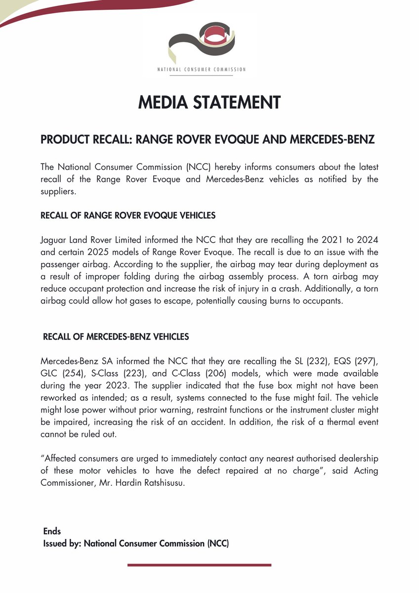 TheNCC_RSA's tweet image. Product Safety Recall: Range Rover and Mercedes-Benz drivers, check if your vehicle is being affected by this recall. Your safety comes first. @PhethoN @the_dtic