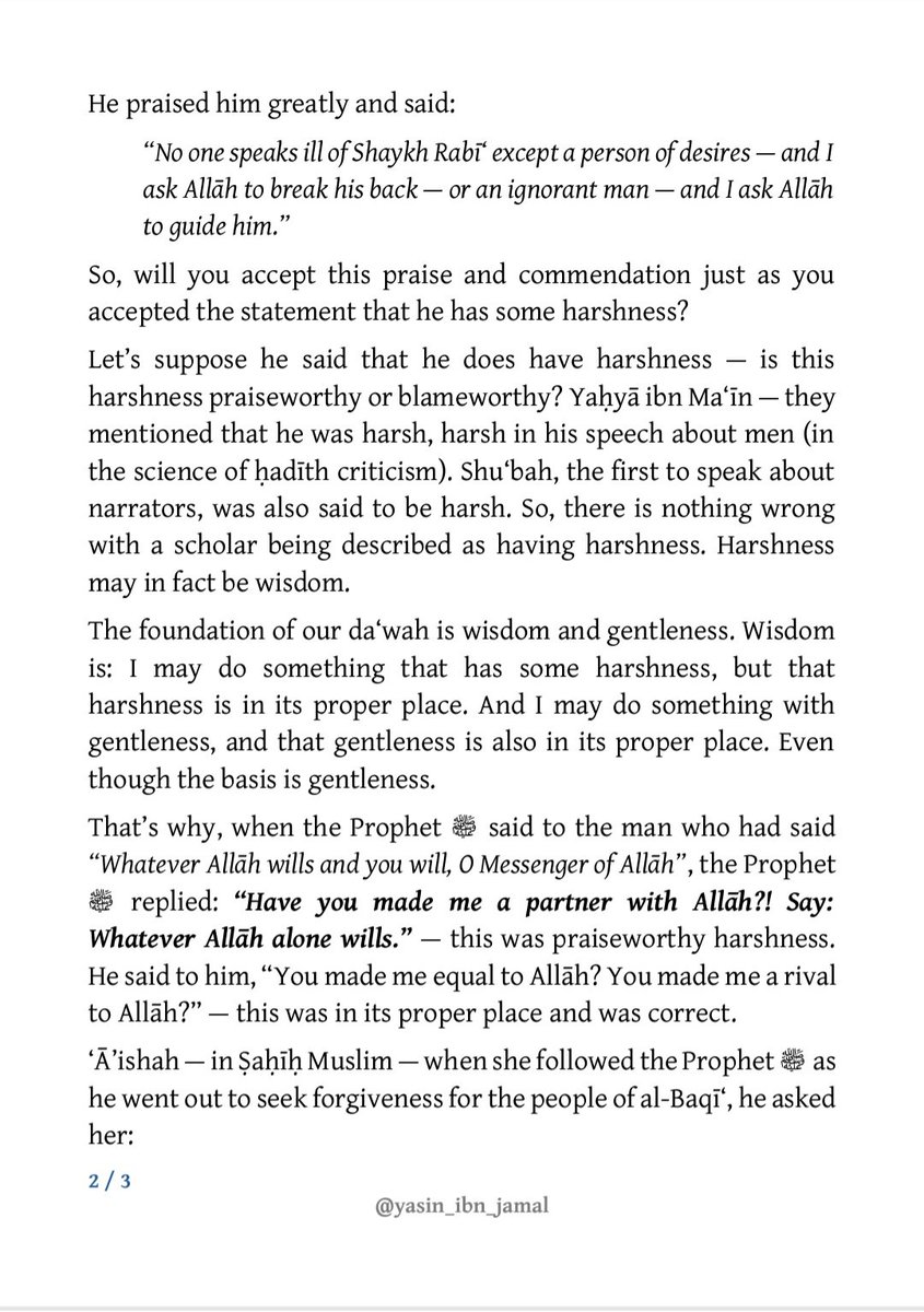 yasin_ibn_jamal's tweet image. How do we respond to someone who says that Shaykh al-Albānī said Shaykh Rabī‘ has some harshness in him?
— Shaykh ‘Arafāt ibn Ḥasan