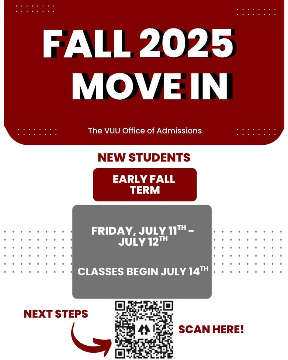 VAUnion1865's tweet image. Campus has been way too quiet without our Panthers! 🐾 Early check-in is TODAY & TOMORROW for Early Fall Term students. We can’t wait to meet our newest members of the pack. 💼🐾 Scan the QR code for all the details.
#VUU #PantherPride