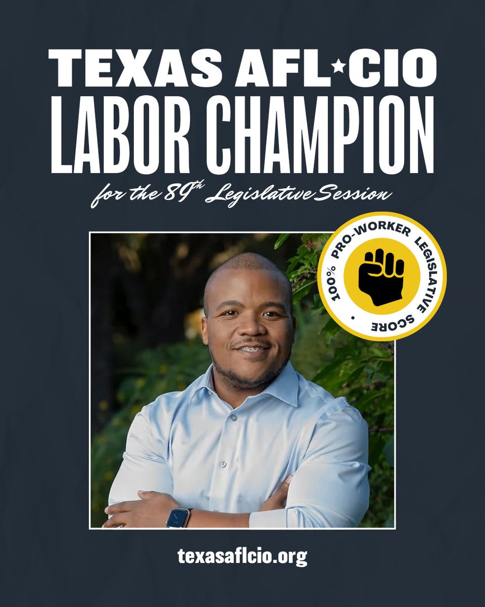 VentonJonesTX's tweet image. 🏆 HONORED TO BE YOUR LABOR CHAMPION! 🏆
I’m deeply honored to share that I received a perfect 100% SCORE on the @TexasAFLCIO 2025 Pro-Worker Scorecard!
For over 20 years, I’ve been fighting for improved healthcare access and affordability, affordable housing, economic…
