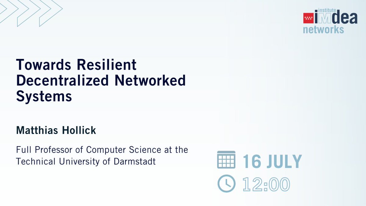 🗓️ Next Wednesday, July 16th, don't miss the talk by our guest speaker: Matthias Hollick, Professor of Computer Science at the Technical University of Darmstadt.

🔹 Towards Resilient Decentralized Networked Systems

ℹ️ More info: networks.imdea.org/whatsnew/event…