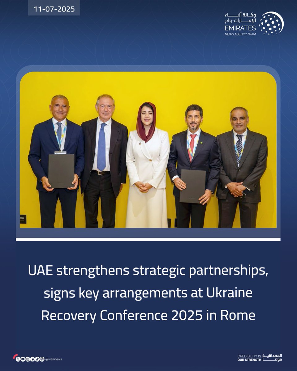 UAE strengthens strategic partnerships, signs key arrangements at Ukraine Recovery Conference 2025 in Rome

#WamNews 

wam.ae/a/bkmogdm