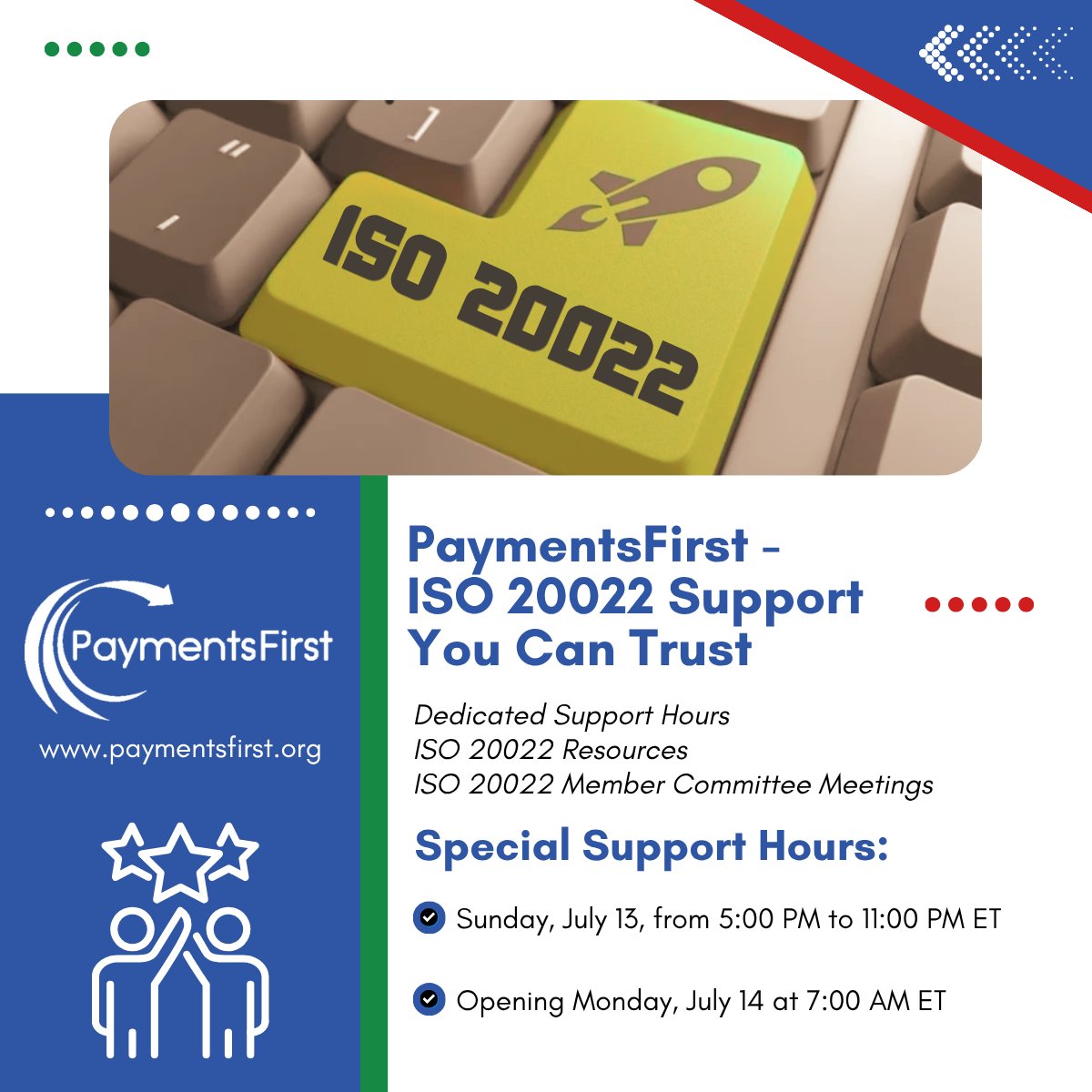 🚨 ISO 20022 Conversion Weekend? We’re on call.  Real-time support when it matters most.

📅 July 13 | 5–11 PM ET
📅 July 14 | Reopens 7 AM ET

Hit a snag? Got a question? Just want backup? We’ve got your back! #ISO20022 #Fedwire #ImplementationWeekend #PaymentsFirst