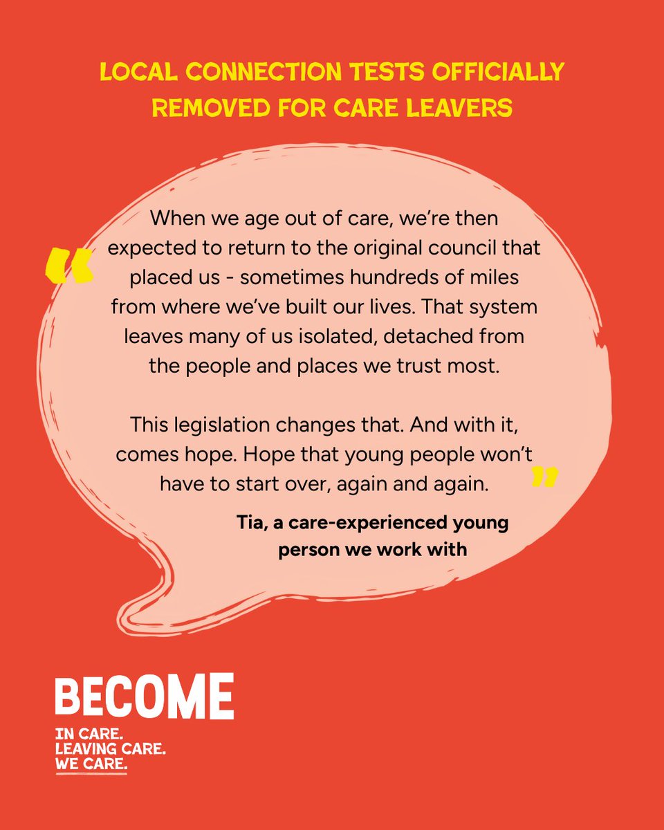 BecomeCharity's tweet image. Tia, a care-experienced young person we work with, shared what the local connection tests being officially removed means to her.
Read more from the @MHCLG: gov.uk/government/new…