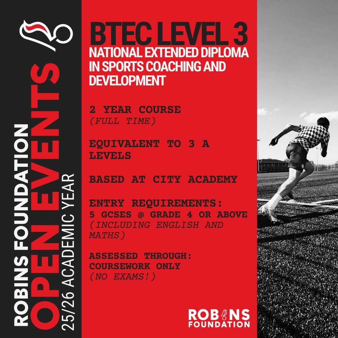 🚨 Big news! Robins Foundation BTEC Open Event dates are LIVE for next academic year! 🎓
If you're in Yr 9–11 &amp; curious about sports education, don’t miss our events next year!
🗓️ Save the dates!