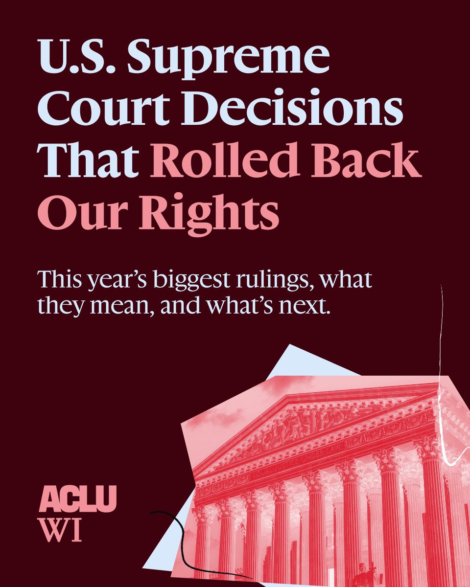 ACLUofWisconsin's tweet image. We won't mince words: SCOTUS issued some devastating decisions this term.
From digital censorship to gender-affirming care bans, here's some key takeaways from cases impacting civil rights and liberties.
aclu-wi.org/en/news/takeaw…
