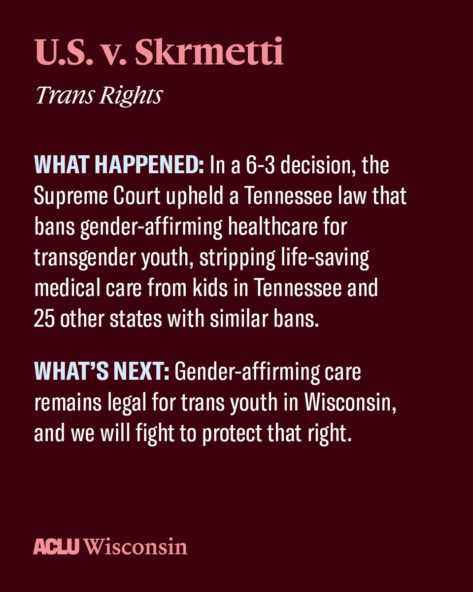 ACLUofWisconsin's tweet image. We won't mince words: SCOTUS issued some devastating decisions this term.
From digital censorship to gender-affirming care bans, here's some key takeaways from cases impacting civil rights and liberties.
aclu-wi.org/en/news/takeaw…