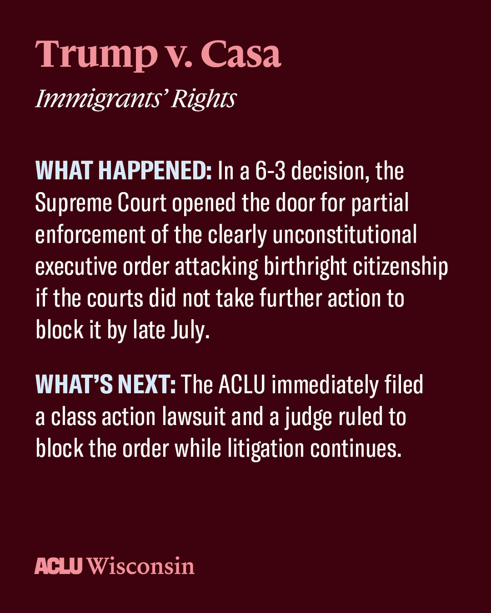 ACLUofWisconsin's tweet image. We won't mince words: SCOTUS issued some devastating decisions this term.
From digital censorship to gender-affirming care bans, here's some key takeaways from cases impacting civil rights and liberties.
aclu-wi.org/en/news/takeaw…